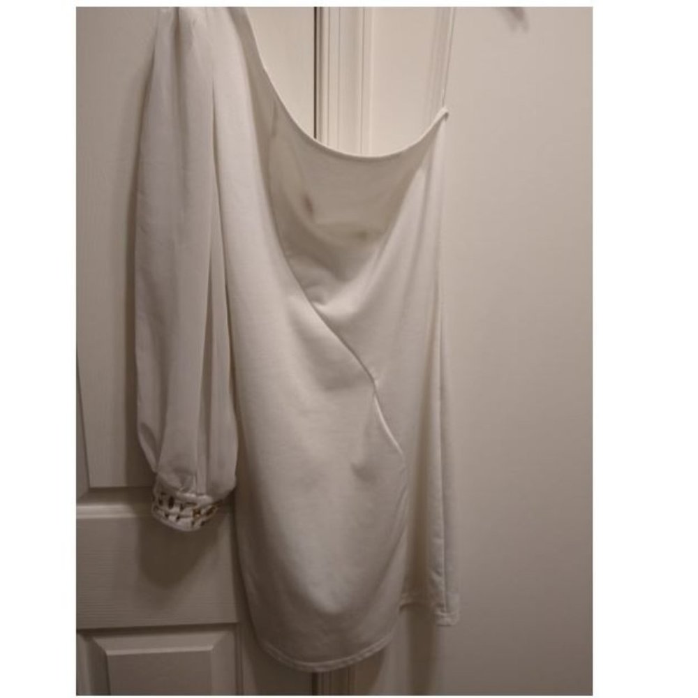 Women's White Stone in Cuff One Side Sleeve and Shoulder Midi Dress